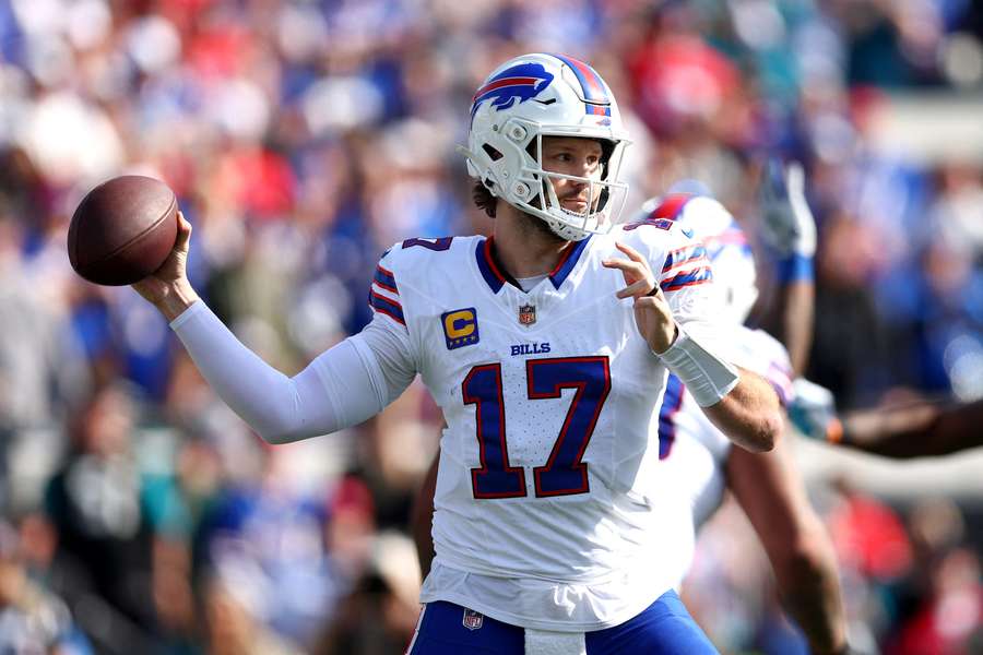 Josh Allen throws a pass during 2026 AFC Wild Card matchup against Jacksonville Jaguars Josh Allen throws a pass during 2026 AFC Wild Card matchup against Jacksonville Jaguars