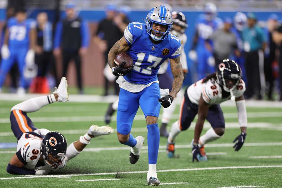 Tim Patrick runs with the ball during the second quarter