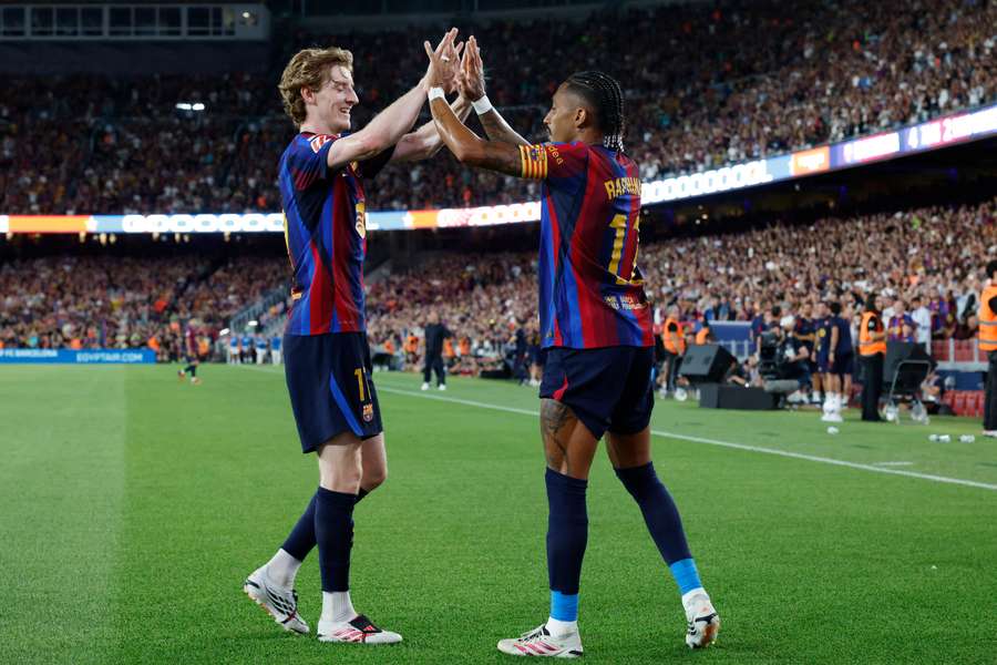 Raphinha and Anthony Gordon celebrate goal together Raphinha and Anthony Gordon celebrate goal together