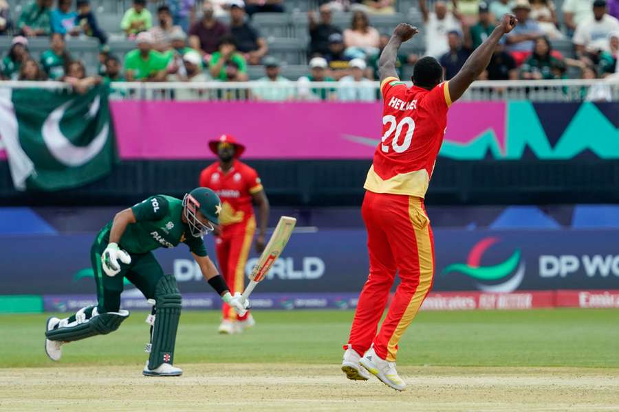 Canada fast bowler Dilon Heyliger dismisses Pakistan's Babar Azam at the 2024 Men's T20 World Cup. Canada fast bowler Dilon Heyliger dismisses Pakistan's Babar Azam at the 2024 Men's T20 World Cup.