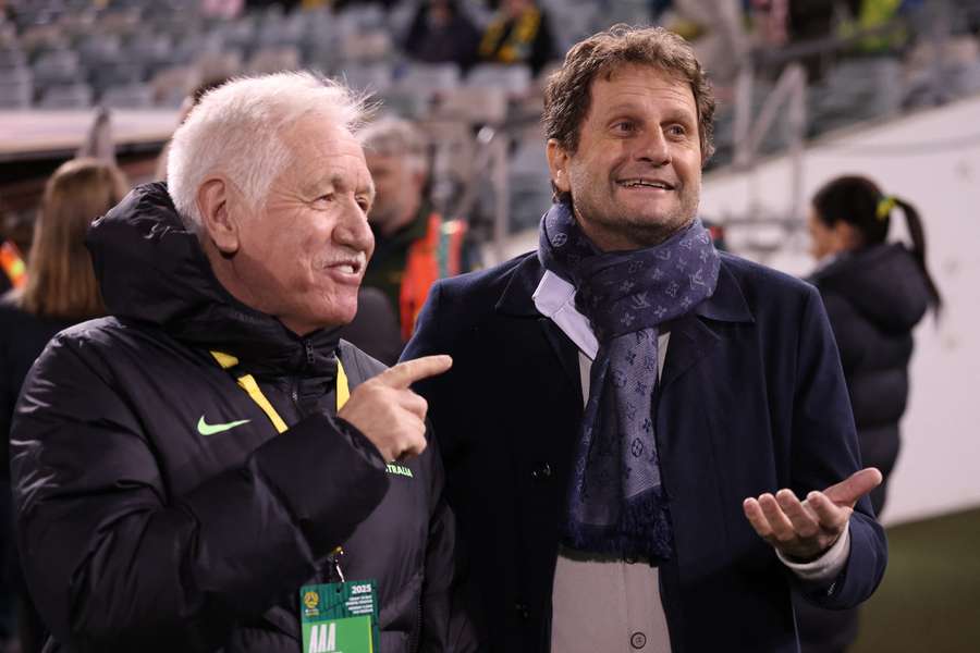 Interim Matildas manager Tom Sermanni speaks to his successor Joe Montemurro on Monday night.