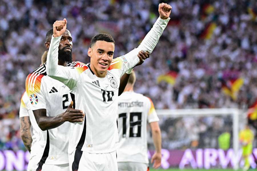Germany's midfielder #10 Jamal Musiala celebrates after scoring his team's second goal 