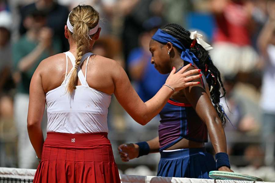 Donna Vekic (left) consoles Coco Gauff after their match at the Paris Olympics