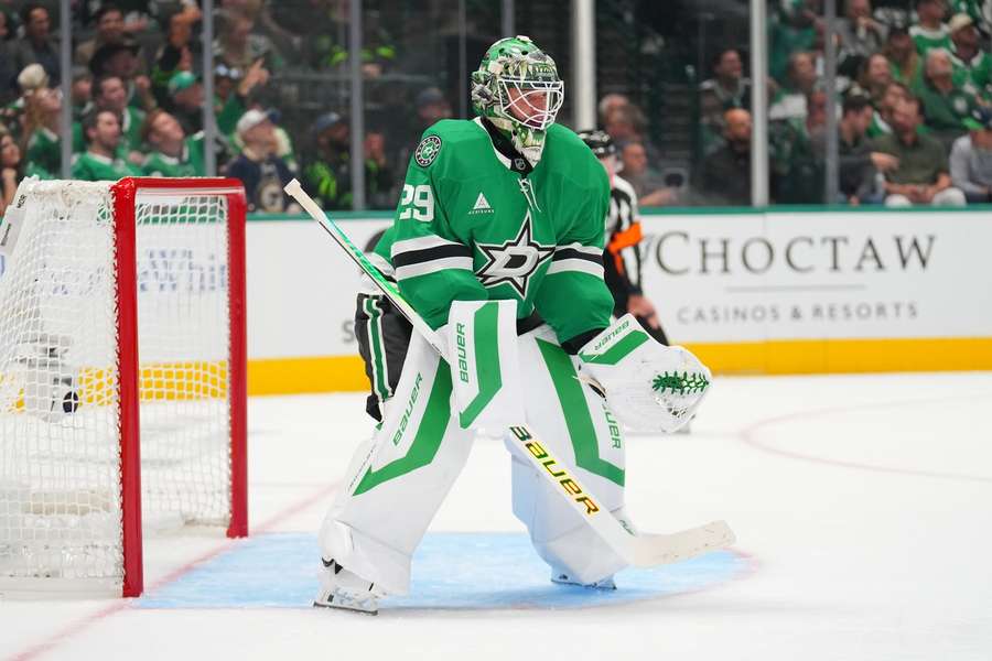 Stars goalie Jake Oettinger in net against the San Jose Sharks Stars goalie Jake Oettinger in net against the San Jose Sharks