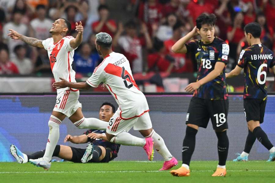 Bryan Reyna celebrates scoring Peru's only goal against South Korea 