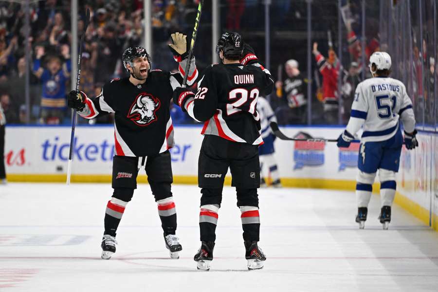 Buffalo Sabres Jason Zucker and Jack Quinn celebrate goal against Lightning