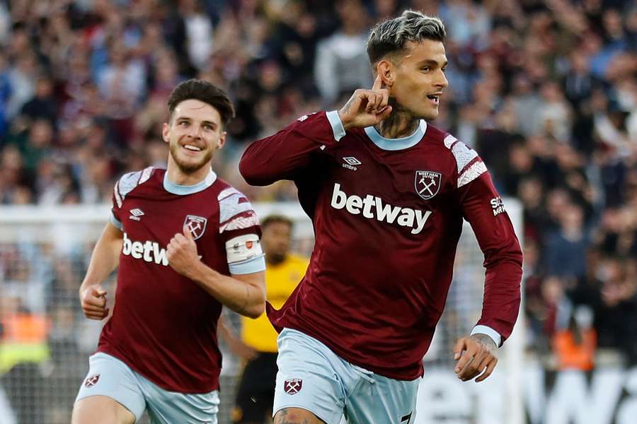 West Ham United's Italian striker Gianluca Scamacca celebrates scoring his team's first goal against Wolves