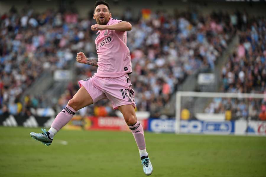 Inter Miami's Argentine forward #10 Lionel Messi celebrates scoring during the CONCACAF Leagues Cup semi-final