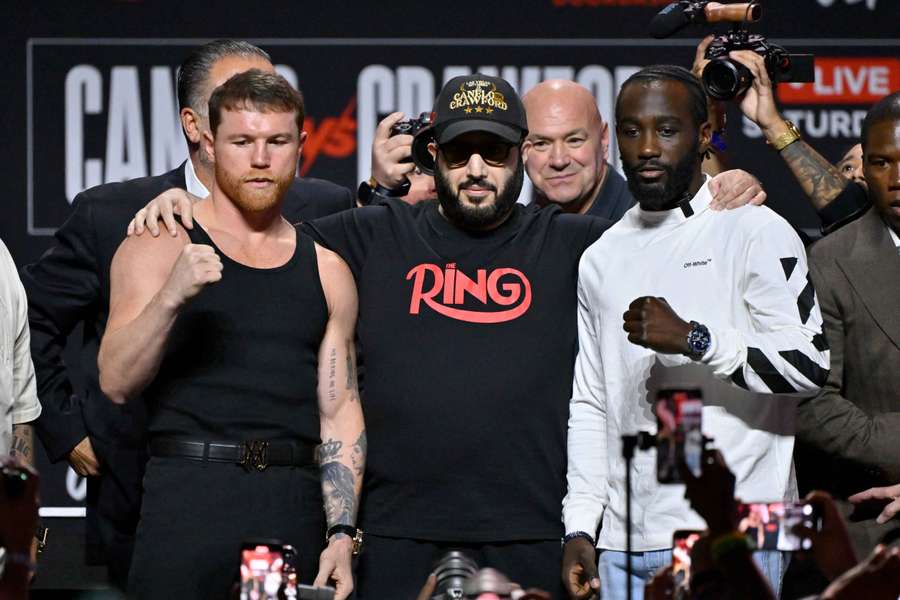 Saul 'Canelo' Alvarez and Terence Crawford during a press conference before their super middleweight world title bout