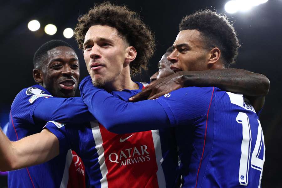 Maghnes Akliouche celebrates with teammates after scoring PSG's fourth goal Maghnes Akliouche celebrates with teammates after scoring PSG's fourth goal