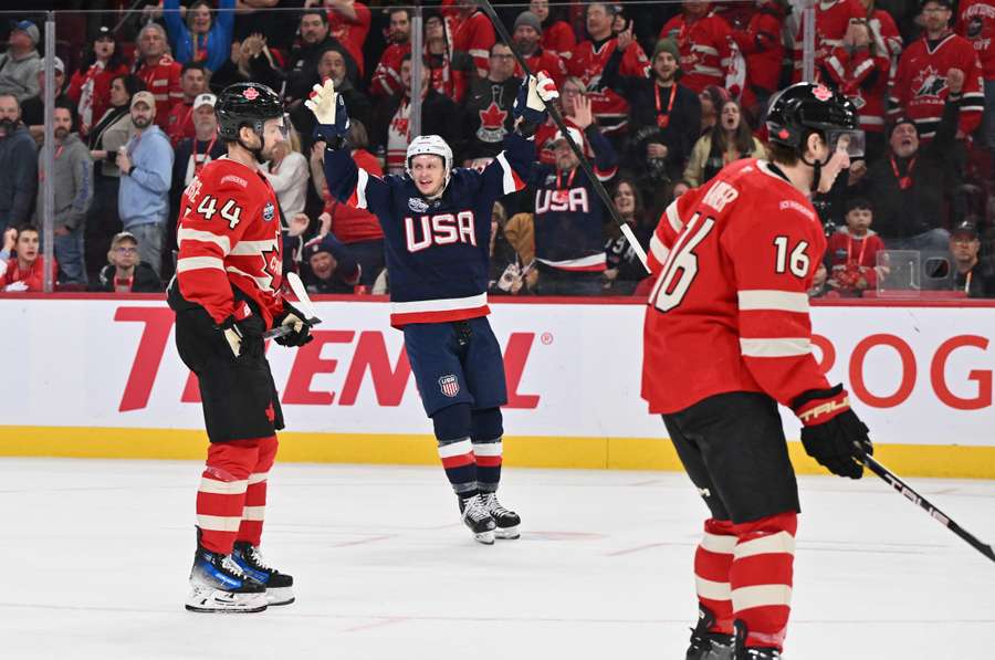 USA's Jake Guentzel celebrating his empty net goal against Team Canada to secure a 3-1 win during the 4 Nations Face-Off (2025)