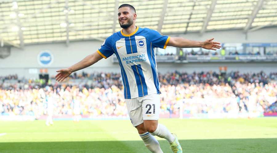 Deniz Undav celebrates scoring Brighton's sixth and final goal against Wolves at the Amex