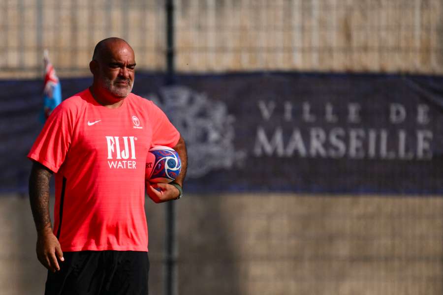 Fiji head coach Simon Raiwalui looks on during a training session
