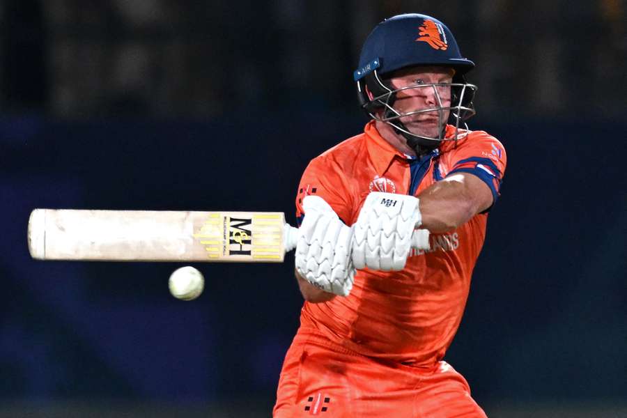 Netherlands' Roelof van der Merwe plays a shot during the 2023 ICC Men's Cricket World Cup one-day international (ODI) match between South Africa and Netherlands