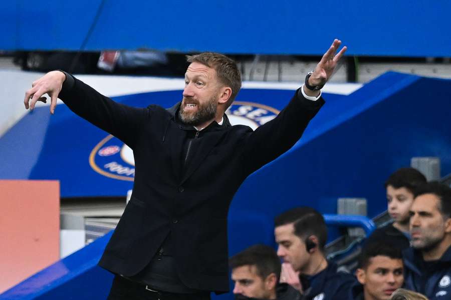 Graham Potter gives instructions during Chelsea's defeat at home to Aston Villa