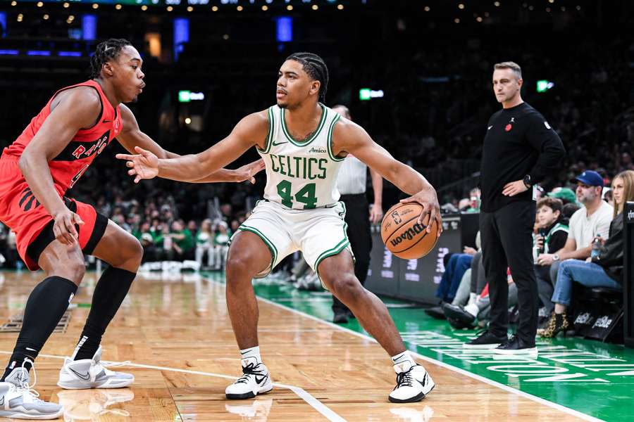 Boston Celtics guard Jaden Springer handling the ball against the Toronto Raptors (2024)
