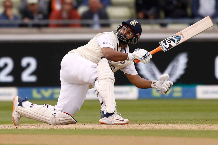 India's Rishabh Pant hits a four off England's Jack Leach in 2022