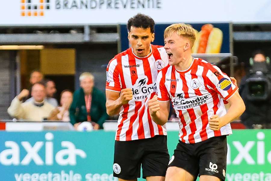 Sparta's Nick Verschuren (R) celebrates scoring the 3-3 against FC Utrecht Sparta's Nick Verschuren (R) celebrates scoring the 3-3 against FC Utrecht