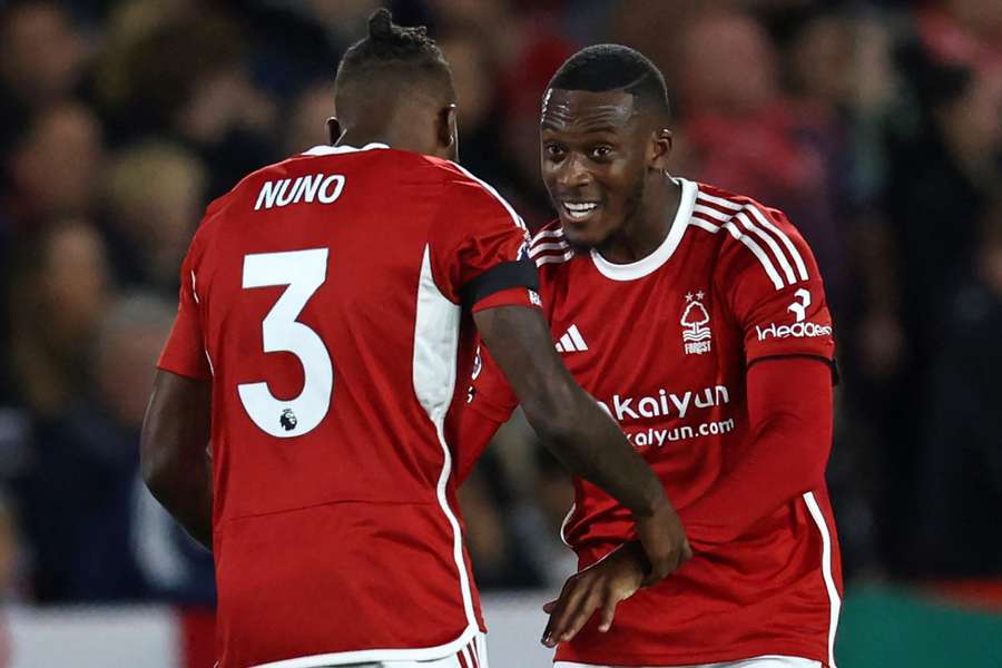 Callum Hudson-Odoi celebrates with Nuno Tavares after scoring Nottingham Forest's equalising goal