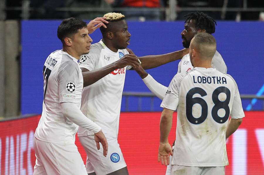 Napoli's Nigerian forward Victor Osimhen celebrates scoring the opening goal
