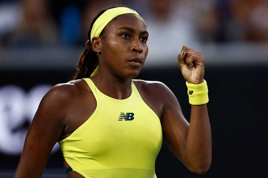Coco Gauff celebrates winning a point in the encounter