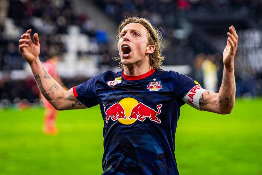 Mads Bidstrup celebrating a goal for Red Bull Salzburg Mads Bidstrup celebrating a goal for Red Bull Salzburg