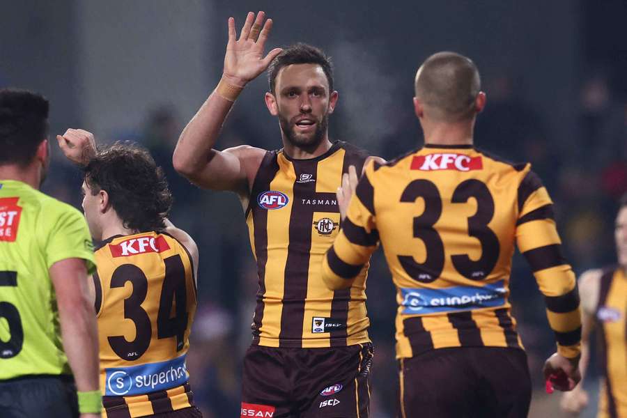 Jack Gunston celebrates one of his career-best seven goals at the weekend.