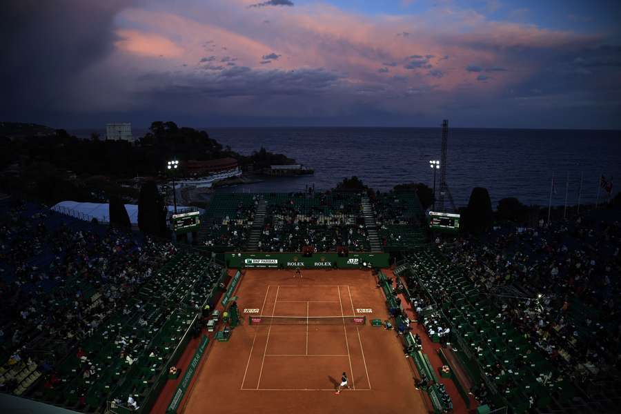 A general view of the venue shows Russia's Daniil Medvedev playing against Germany's Alexander Zverev after a rain pause during their Monte Carlo ATP Masters Series Tournament match