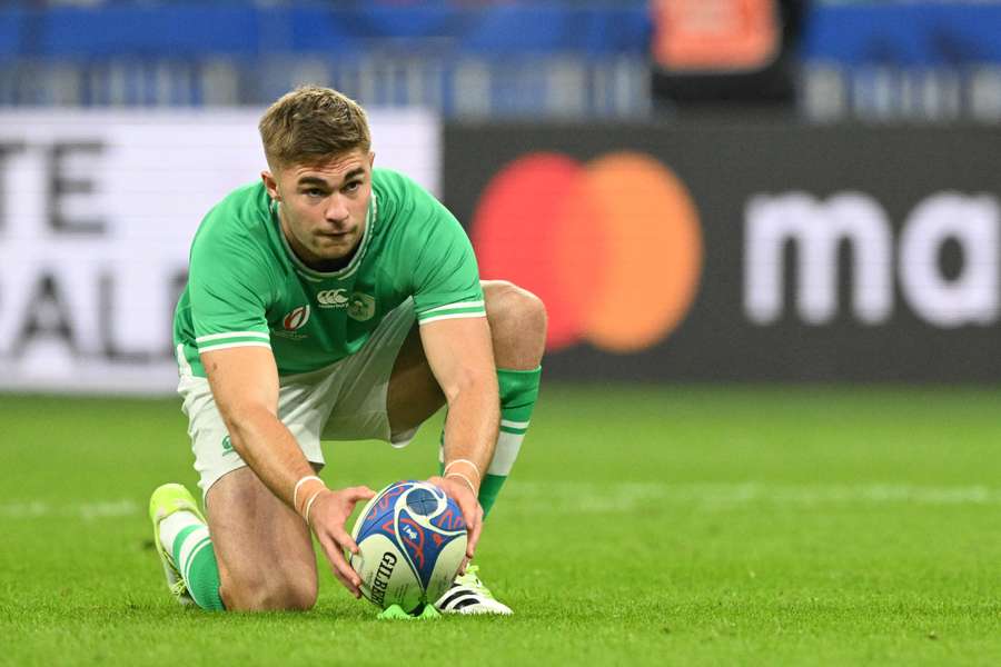 Ireland's fly-half Jack Crowley gets ready to kick a penalty