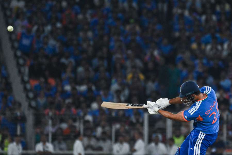 Shivam Dube strikes a boundary during the T20 World Cup final against New Zealand.