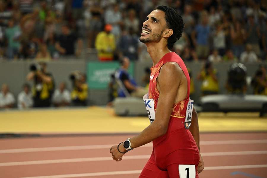 Mohamed Katir reacts after crossing the line to win the silver medal in the men's 5000m final at the 2023 World Athletics Championship