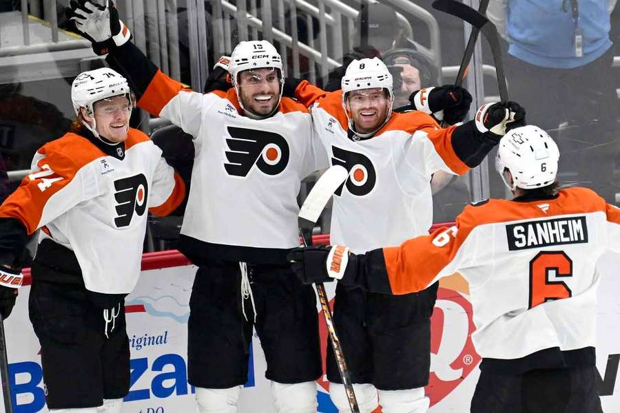 Flyers players celebrate during Game 2 against Penguins in 2026 Stanley Cup Playoffs