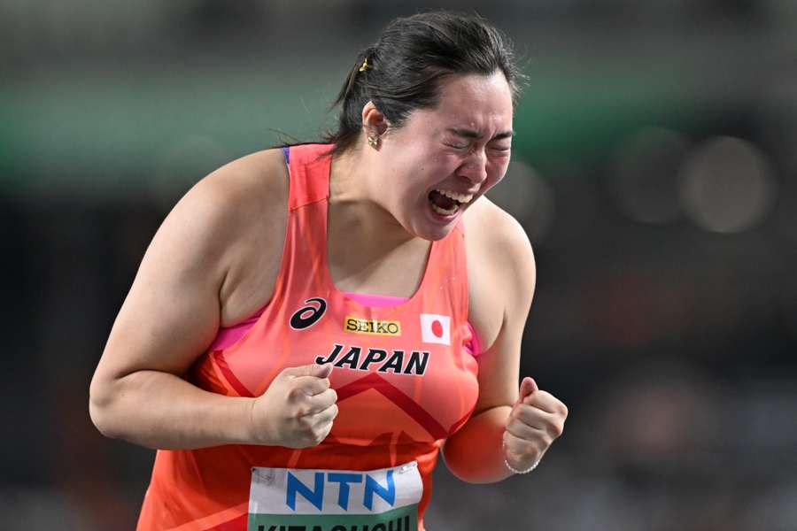 Haruka Kitaguchi celebrates after winning with her final throw after the women's javelin throw final