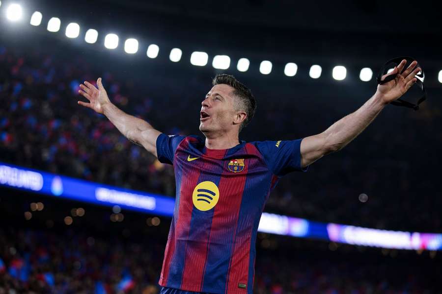 Barcelona's Robert Lewandowski celebrates a goal against Newcastle