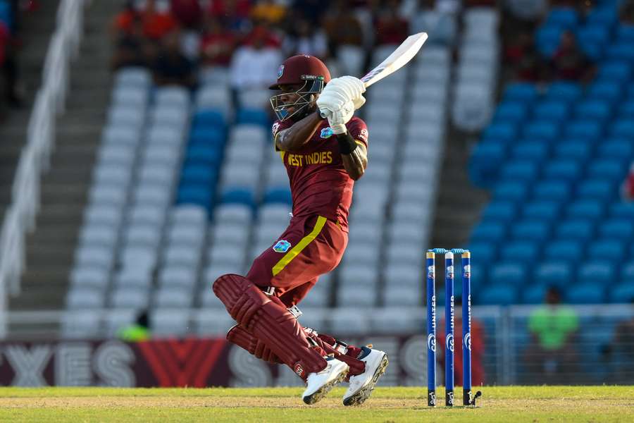 Justin Greaves plays a shot during the first ODI in Trinidad on Sunday night.
