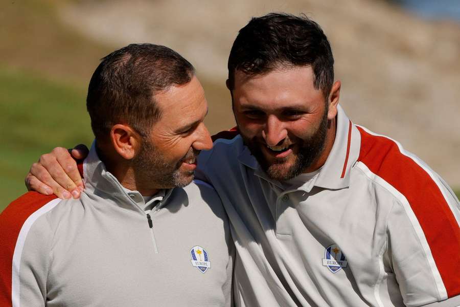 Sergio Garcia, left, and Jon Rahm during the 2020 Ryder Cup