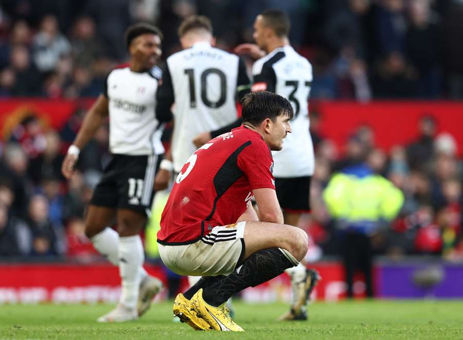 Harry Maguire reacts during the English Premier League football match between Manchester United and Fulham at Old Trafford