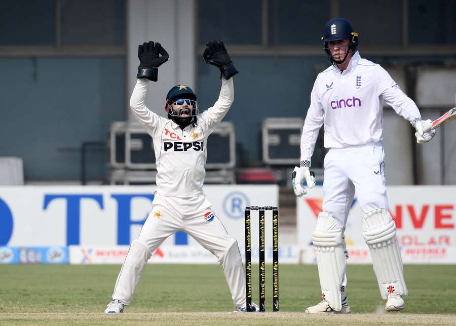 Pakistan's Mohammad Rizwan appeals unsuccessfully for the wicket of England's Zak Crawley