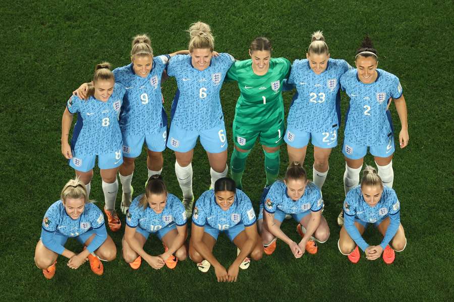 England's players pose for a team photograph ahead of the Australia and New Zealand 2023 Women's World Cup final football match between Spain and England