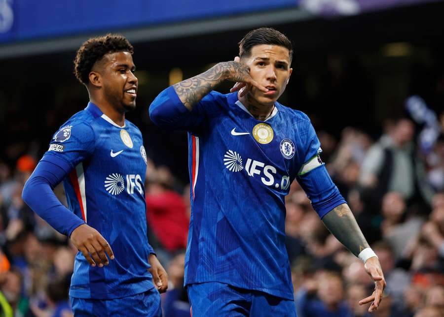 Chelsea's Enzo Fernandez celebrates scoring their first goal with Andrey Santos Chelsea's Enzo Fernandez celebrates scoring their first goal with Andrey Santos