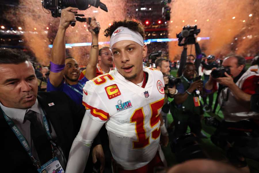 Mahomes surrounded by the media after Chiefs' win