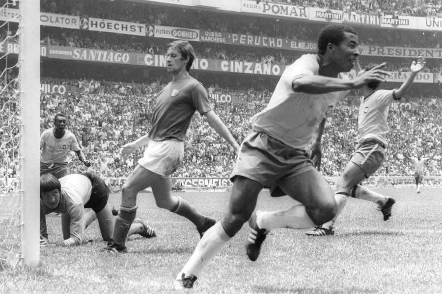 Jairzinho celebrates a goal against Italy in the 1970 World Cup final