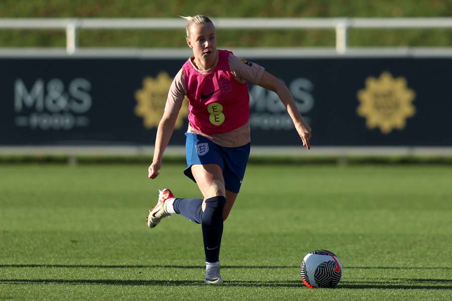 Beth Mead of England runs with the ball during a training session at St Georges Park