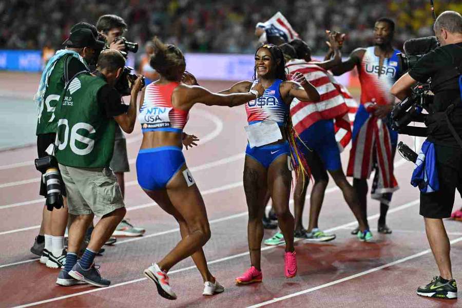 Gabrielle Thomas runs over to celebrate with Sha'Carri Richardson after Richardson anchors the USA team to victory in the women's 4x100m relay final Gabrielle Thomas runs over to celebrate with Sha'Carri Richardson after Richardson anchors the USA team to victory in the women's 4x100m relay final