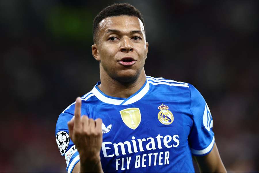 Kylian Mbappe of Real Madrid celebrates a goal during their match against Olympiacos