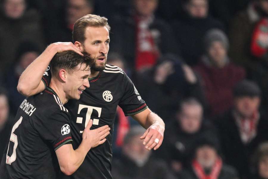 Bayern Munich's Harry Kane (R) celebrates scoring the 2-1 against PSV with Joshua Kimmich Bayern Munich's Harry Kane (R) celebrates scoring the 2-1 against PSV with Joshua Kimmich