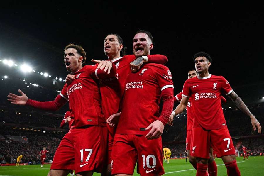 La joie des joueurs de Liverpool après le but de MacAllister cette semaine.
