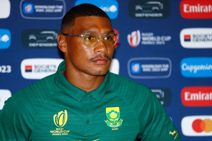 Damian Willemse tijdens de persconferentie op de vooravond van de Springboks opener tegen Schotland