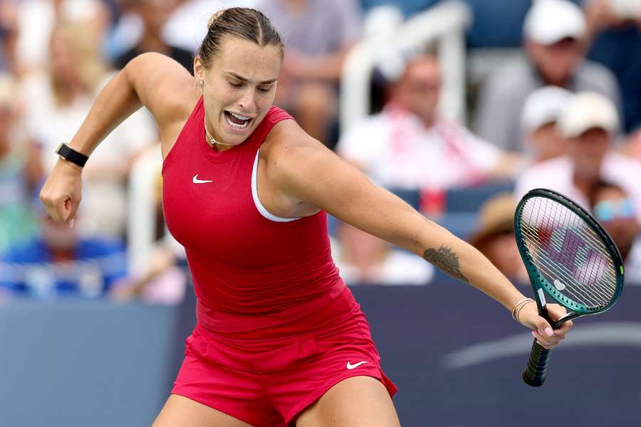 Aryna Sabalenka celebrates her impressive victory