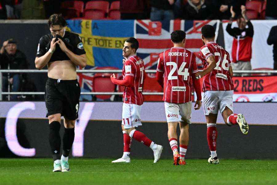 Anis Mehmeti 11 of Bristol City celebrates scoring the third goal during the EFL Sky Bet Championship match between Bristol City and Blackburn Rovers